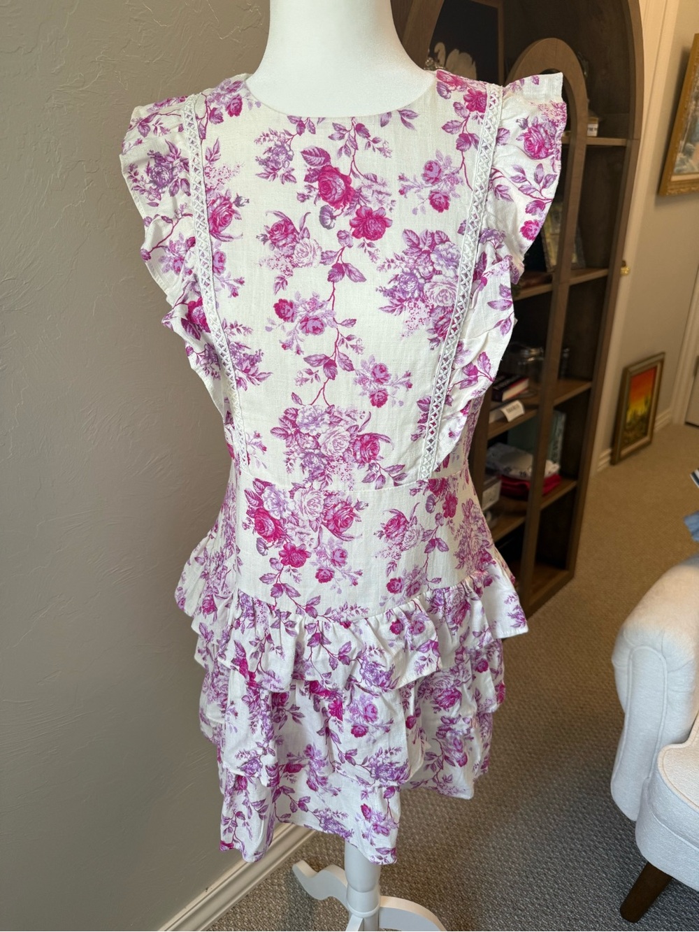 TCEC Floral Toile Ruffle Mini Dress M Linen Blend Coquette Cottagecore